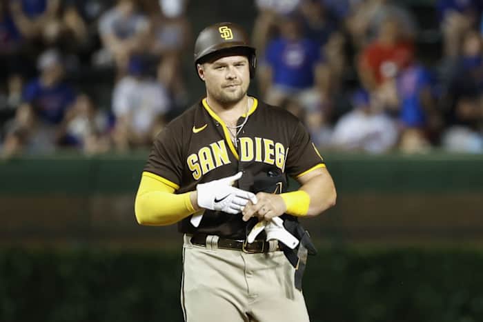 San Diego Padres DH Luke Voit smiles after hitting double